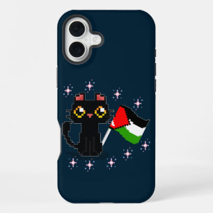 Funda Para iPhone 16 Plus gato negro lindo sostiene la bandera de Palestina