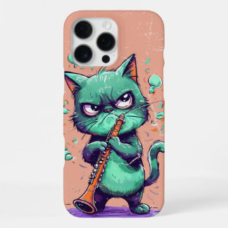 Funda Para iPhone 16 Pro Max Gato Negro Tocando Clarinete Regalo para Clarineti