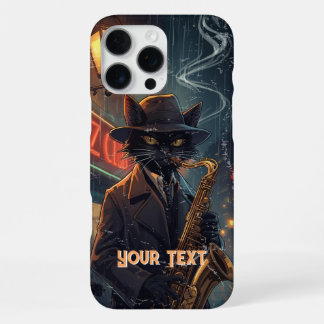 Funda Para iPhone 16 Pro Max Gato Negro Tocando Saxofón Saxofonista Enojado
