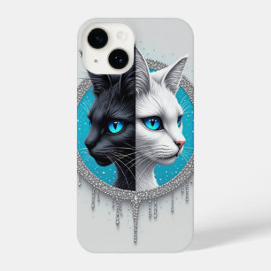 Funda Para iPhone 14 Gato negro y blanco retrato dividido con ojos azul