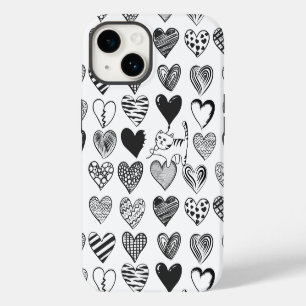 Funda Para iPhone 14 Gato negro y blanco y patrón de corazón