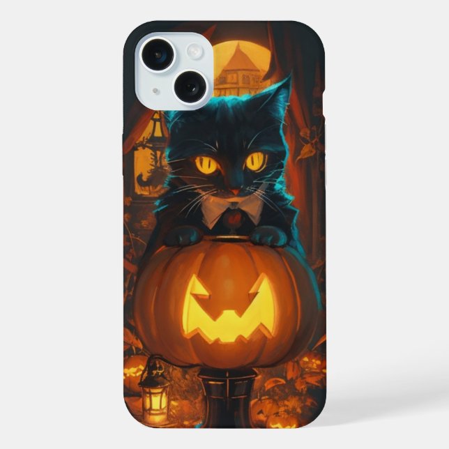 Funda Para iPhone Gato negro y linterna de Jack (Reverso )