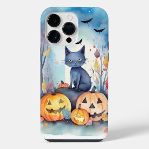 Funda Para iPhone 14 Pro Max Gato Oriental Azul de Halloween con Calabazas Espe