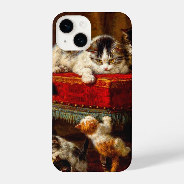 Funda Para iPhone Gato y gatitos jugando con silla (Reverso )