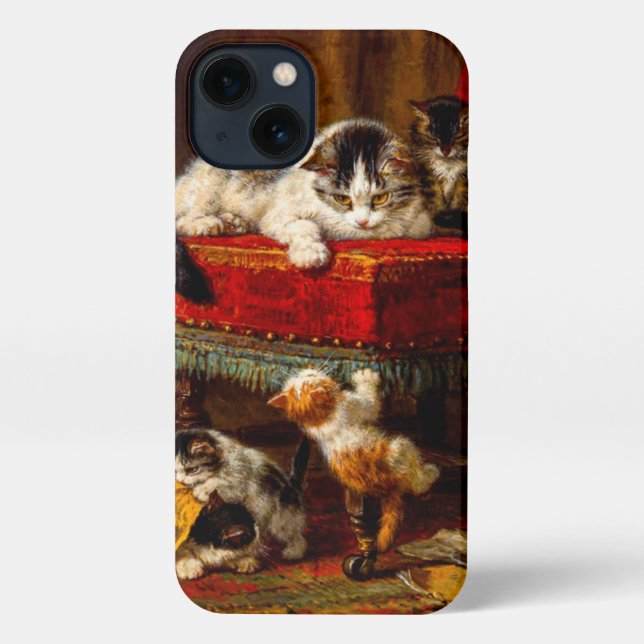 Funda Para iPhone Gato y gatitos jugando con silla (Reverso )