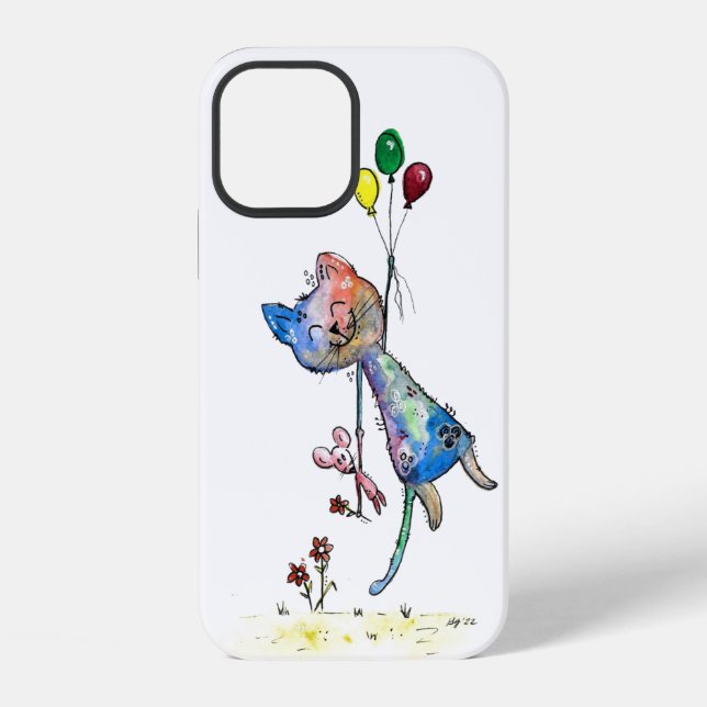Funda Para iPhone Gato y ratón caprichosos con globos (Reverso )