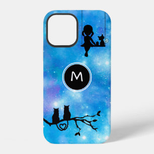 Funda Para iPhone 12 Gatos de galaxia acuarela y monograma de niña