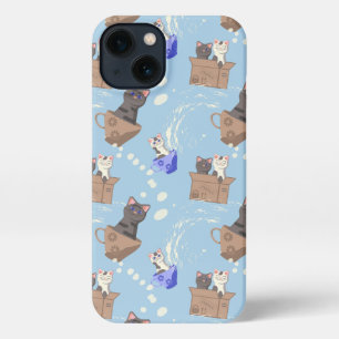 Gatos en caja y gotas de leche en azul