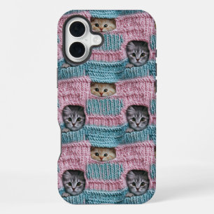 Funda Para iPhone 16 Plus Gatos Lindos Tejido Rosa Azul Femenino