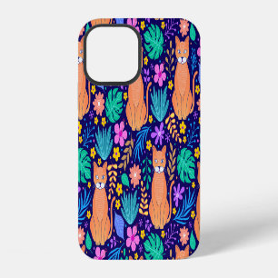 Funda Para iPhone 12 Gatos y flores tropicales: Patrón oscuro