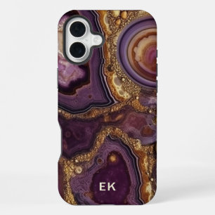 Funda Para iPhone 16 Plus Geoda de Ágata Púrpura de Oro con Monograma