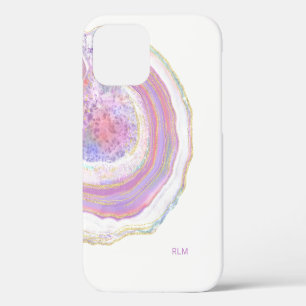 Funda Para iPhone 12 Pro Geoda de mármol rosa, púrpura y dorado con monogra