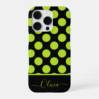 Funda Para iPhone 16 Pro Giant Lime Green Polka Dots on Black iPhone Case