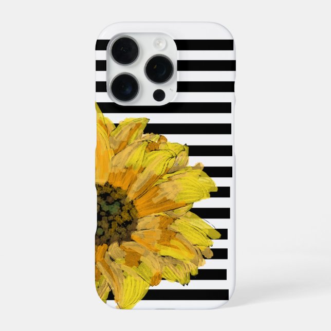 Funda Para iPhone Girasol Amarillo Pintado sobre Rayas Negras (Reverso)