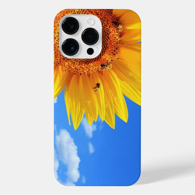 Funda Para iPhone Girasol amarillo y abejas en cielo azul (Reverso)