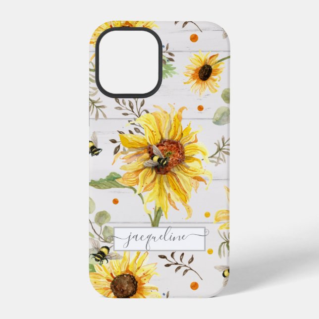 Funda Para iPhone Girasol Gris Amarillo Abejorro Rústico Script (Reverso )