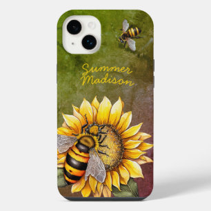 Funda Para iPhone 14 Plus Girasol Vintage y Abejas Nombre Verde Rústico
