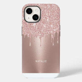 Funda Para iPhone 14 Girly Rosa Gold Purpurina Dris Nombre personalizad