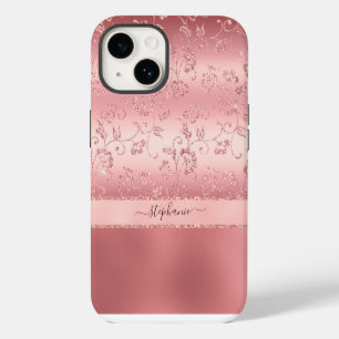 Funda Para iPhone 14 Girly Rosa Oro Rubor Nombre de la parrilla floral