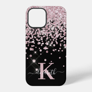 Funda Para iPhone 12 Pro Glam Black Rosa Gold Diamond Confetti Monogramado