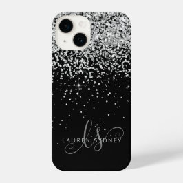 Funda Para iPhone 14 Glam Black Silver Purpurina Monograma Nombre