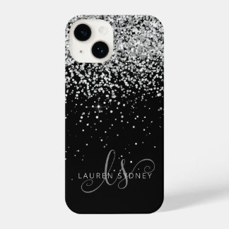 Funda Para iPhone 14 Glam Black Silver Purpurina Monograma Nombre