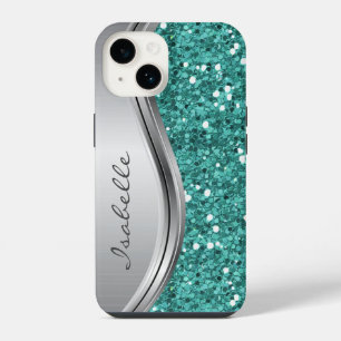 Funda Para iPhone 14 Glam Bling Personalizado de Metal Plateado Verde T