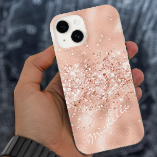 Funda Para iPhone 14 Glam Coral Relieve metalizado rosado Confetti