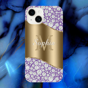 Funda Para iPhone 14 Glam Diamonds Púrpura, Monograma de Oro, Nombre de
