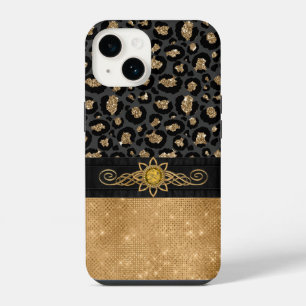 Funda Para iPhone 14 Glam Estampado Leopardo Negro y Dorado