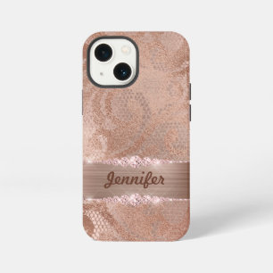 Funda Para iPhone 13 Mini Glam Faux Rosa Gold Lace en Monograma cepillado Me