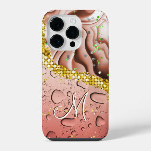 Funda Para iPhone 14 Pro Glam Monograma M Mármol Marrón Fantasía Gotitas de