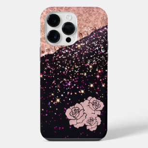 Funda Para iPhone 14 Pro Max Glam Rosa Purpurina negro Rosas de Rubor
