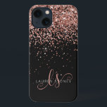 Glam Rosa Purpurina Oro Elegante Monograma<br><div class="desc">Estuche Glam Rosa Gold Purpurina Elegante Monograma para iPhone. Personaliza fácilmente este diseño de moda de estuche de teléfono de moda con elegante purpurina brillante de oro rosa sobre un fondo negro. El diseño incluye su monograma manuscrito con giros de bonito y nombre.</div>