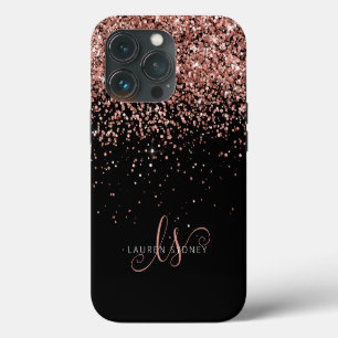 Funda Para iPhone 13 Pro Glam Rosa Purpurina Oro Elegante Monograma