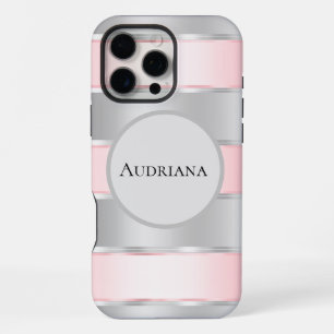 Funda Para iPhone 16 Pro Max Glam Silver Rubor Pink Ribbon Nombre