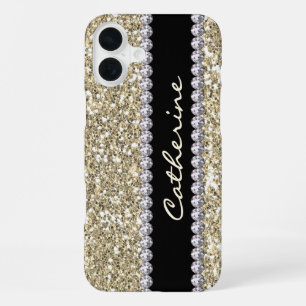 Funda Para iPhone 16 Plus Glamoroso Purpurina de oro y gemas, personalizado