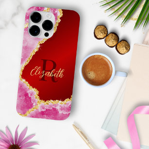 Funda Para iPhone 14 Pro Max Glamoroso Rojo y Rosa Monogramado Femenino