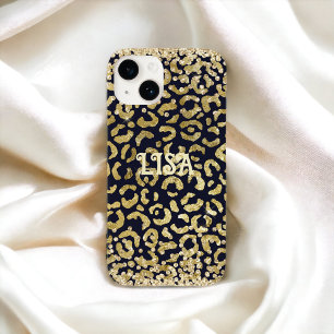 Funda Para iPhone 14 Glitter Black Gold LeopardNombre personalizado