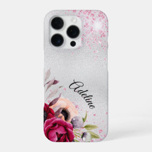 Funda Para iPhone 16 Pro Glitter rosa plateado flores burdeos nombre escrit