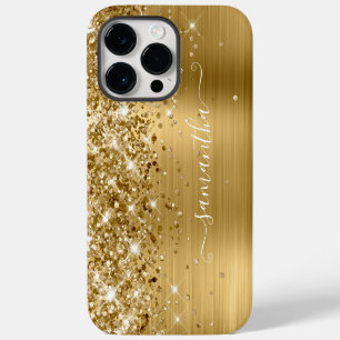 Funda Para iPhone 14 Pro Max Glittery Gold Glam Moderno Femenino Firma
