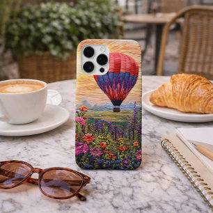 Funda Para iPhone 16 Pro Max Globo aerostático colorido puesta de sol de flores