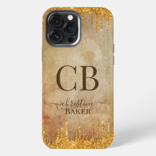 Funda Para iPhone 13 Pro Max Gold glitter drips with rustic touch