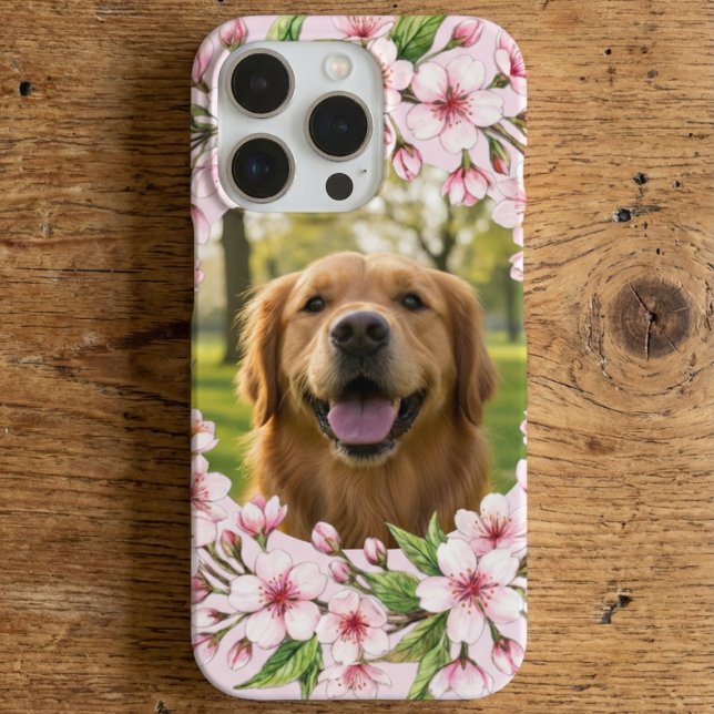 Funda Para iPhone Golden retriever custom photo with cherry blossom (Subido por el creador)