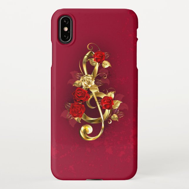 Funda Para iPhone Golden Treble Clef con flores Rosas (Reverso)