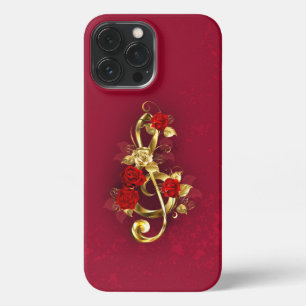 Funda Para iPhone 13 Pro Max Golden Treble Clef con flores Rosas