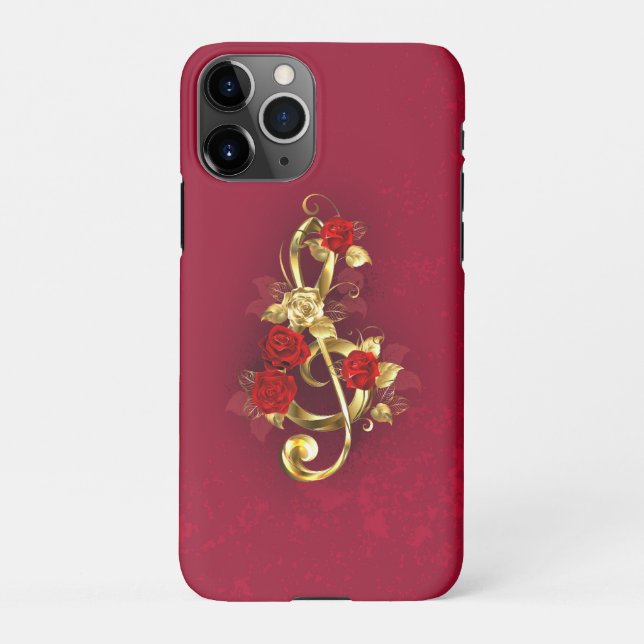 Funda Para iPhone Golden Treble Clef con flores Rosas (Reverso)