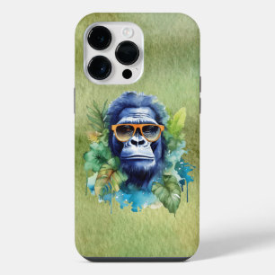 Funda Para iPhone 14 Pro Max Gorila de jungla acuarela con gafas de sol y hojas