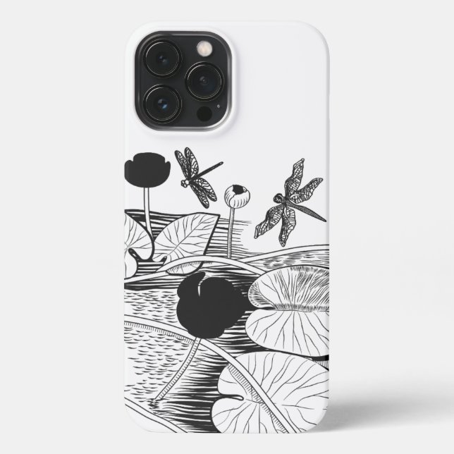 Funda Para iPhone Gráfica negra de lirios de agua (Reverso )