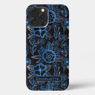 Funda Para iPhone 13 Pro Max Gran flor floral patrón azul nombre personalizado